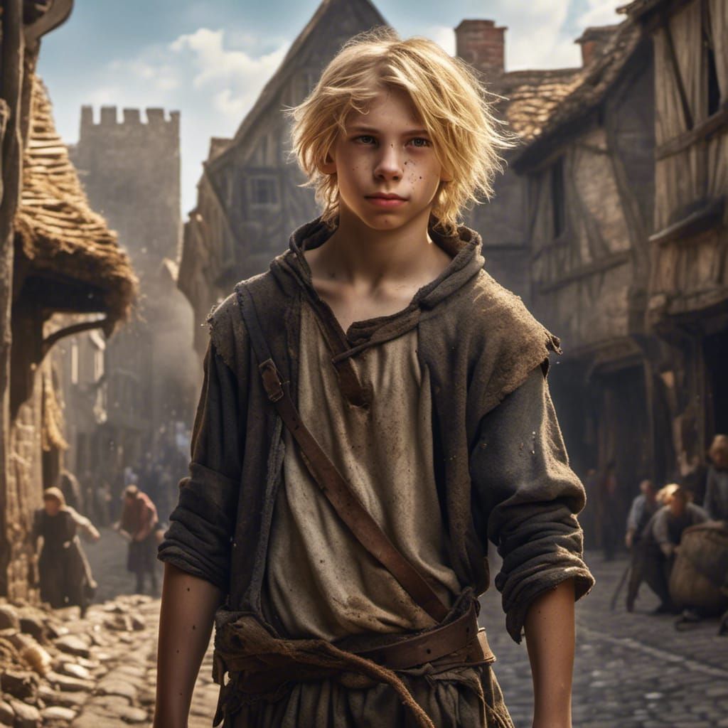 Hyperrealistic Photo of Blond Teen Street Urchin