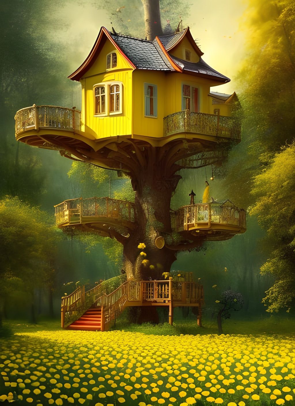 Hyperrealistic Treehouse in Russian Garden with Flowers