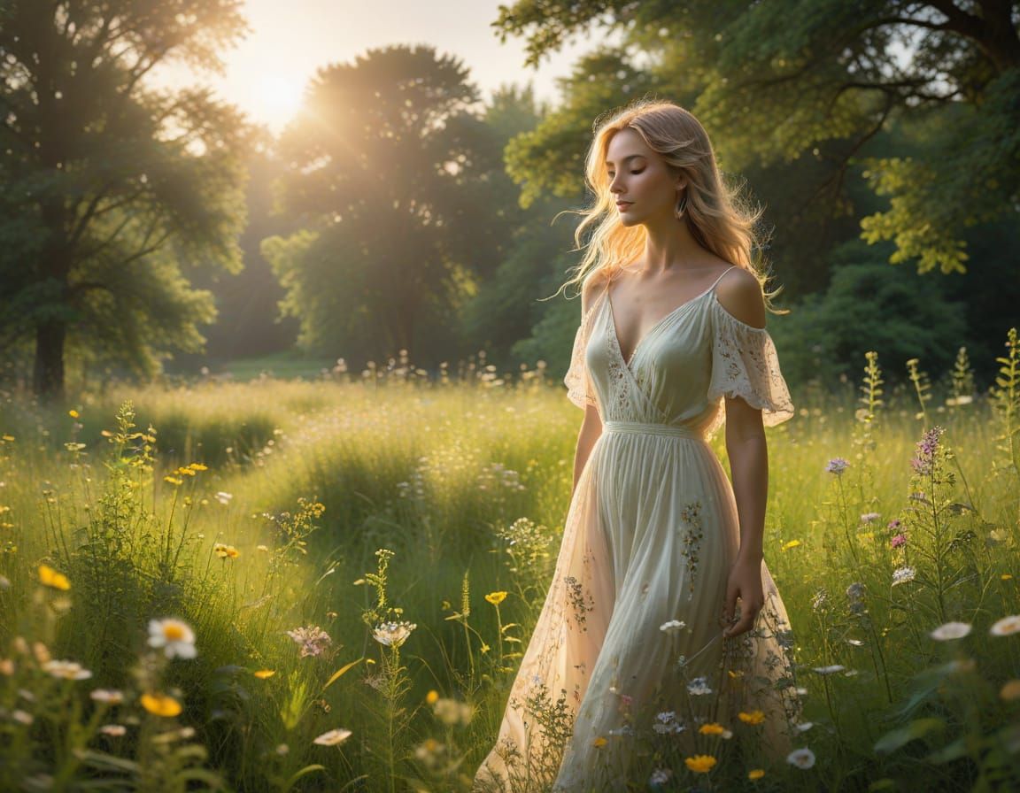 Serene Summer Landscape with Radiant Figure in Golden Sunlig...