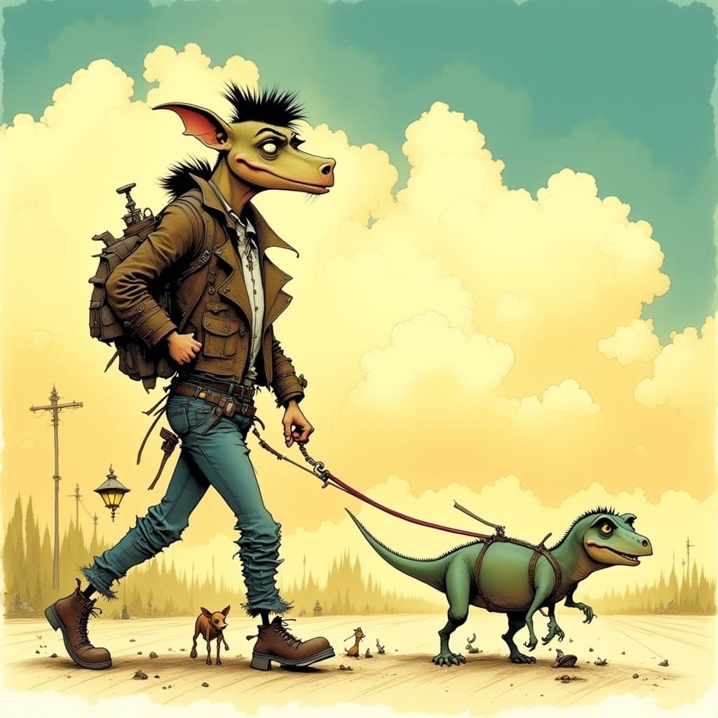Man Walking Dinosaur Pet in Retro-Futuristic Style