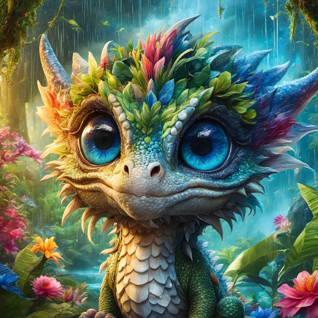 Adorable Dragon in Vibrant Rainforest Anime Portrait