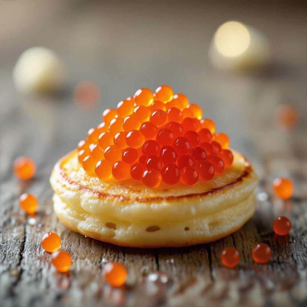 Macro Salmon Caviar Blini with Water Droplets