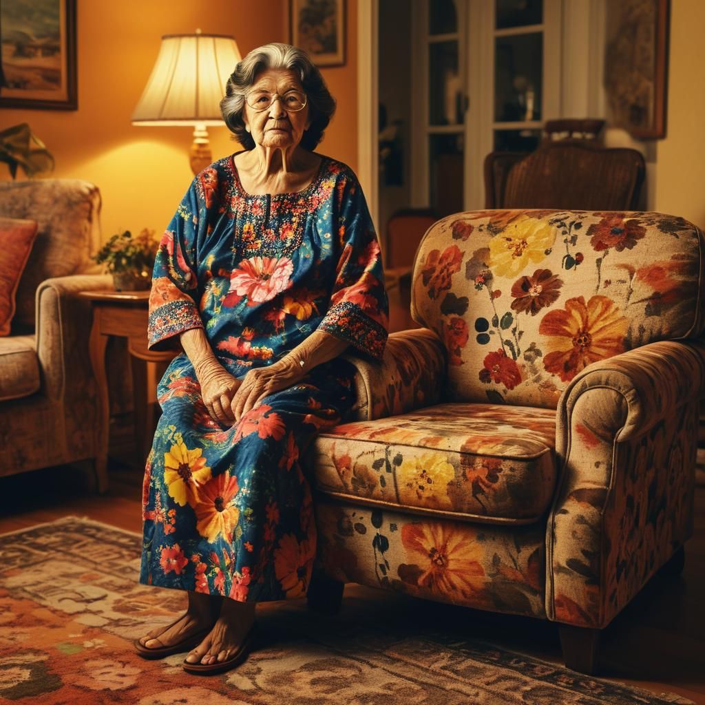 Nostalgic Retro Realism: Grandmother in Warm Living Room