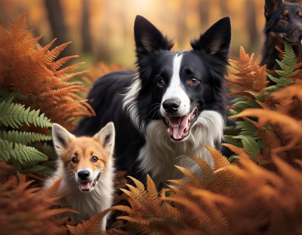Border Collie and Fox Play in Autumn Ferns