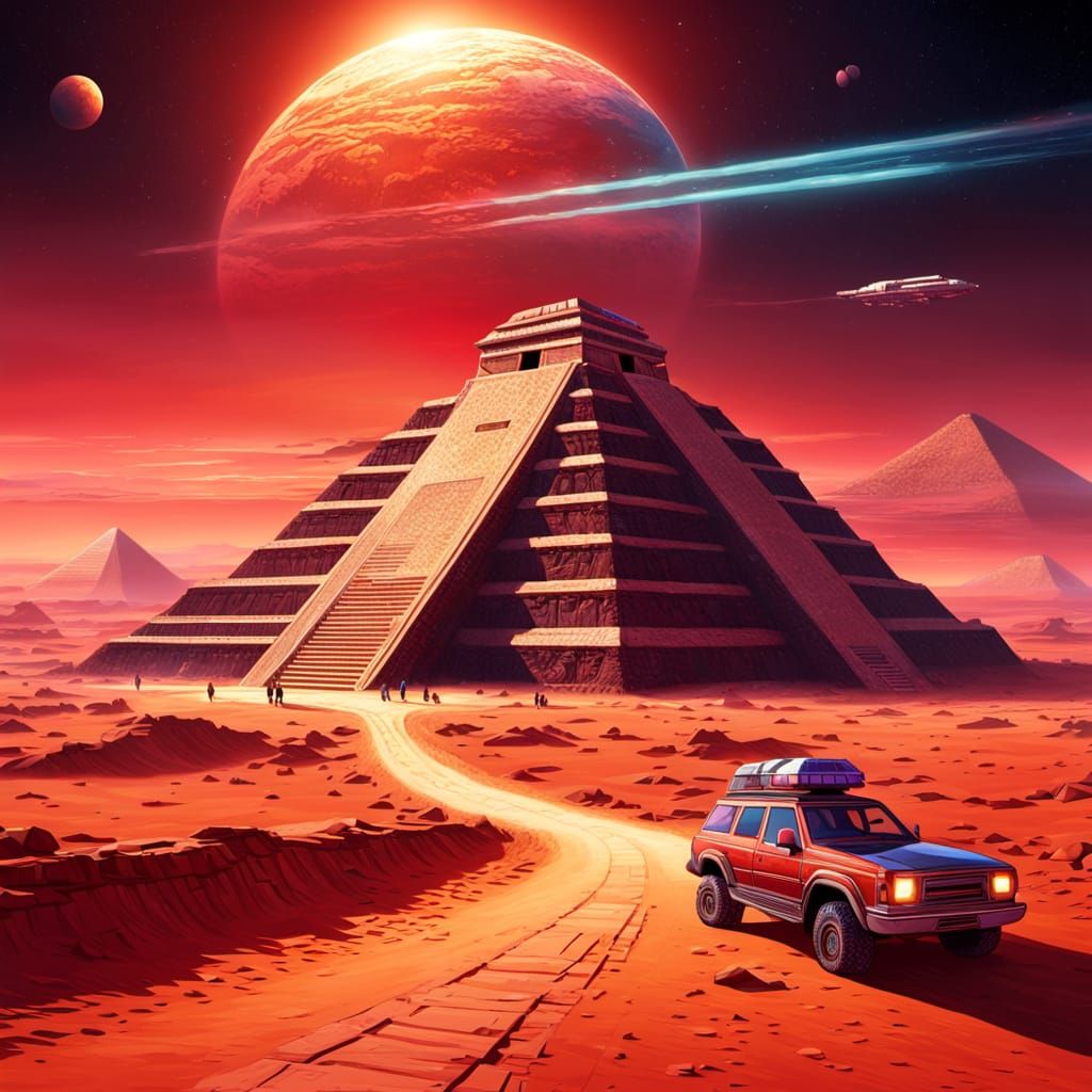 Futuristic Shuttle Approaching Desert Pyramid at Sunset