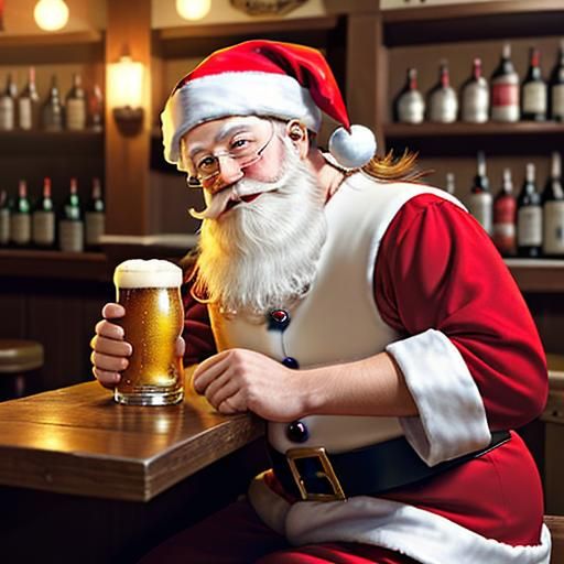 Santa Claus at Bar After Christmas, Drinking Beer