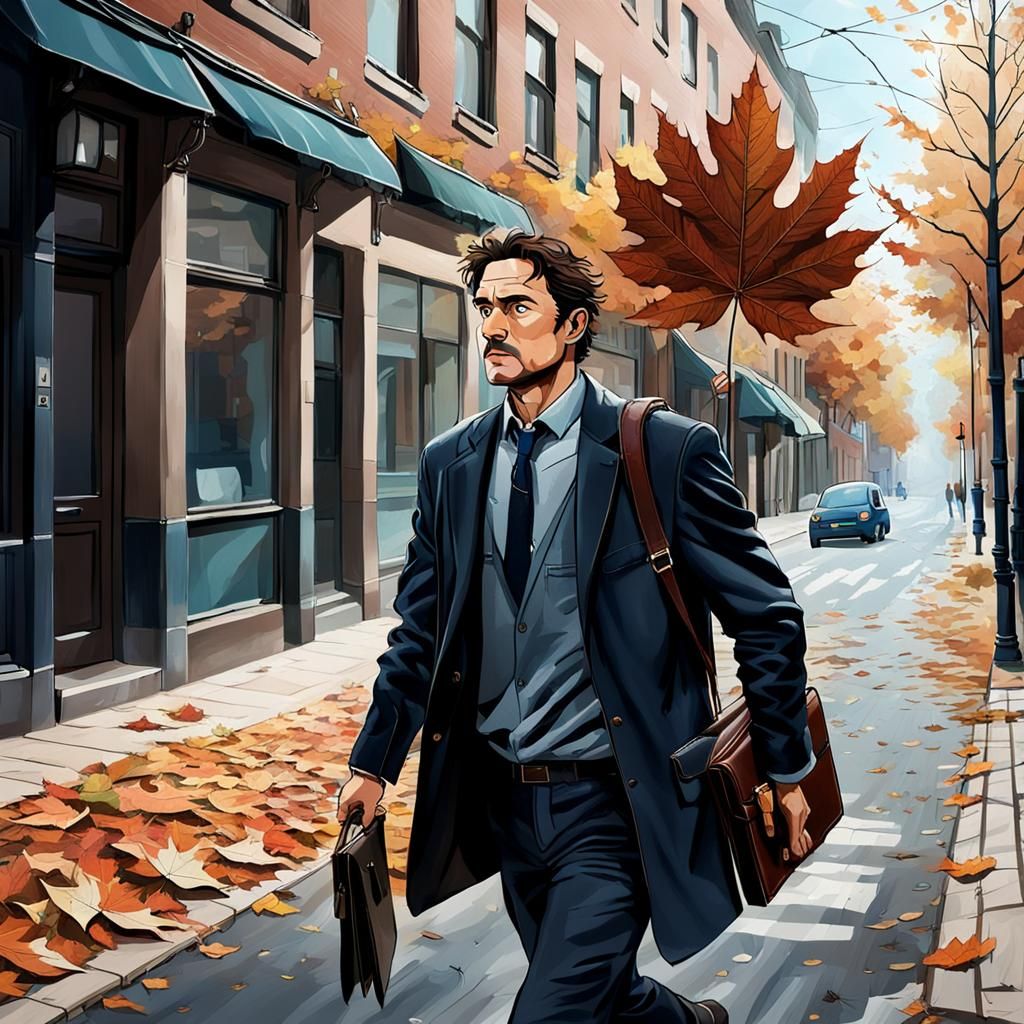 Man with Briefcase in Windy Autumn Street