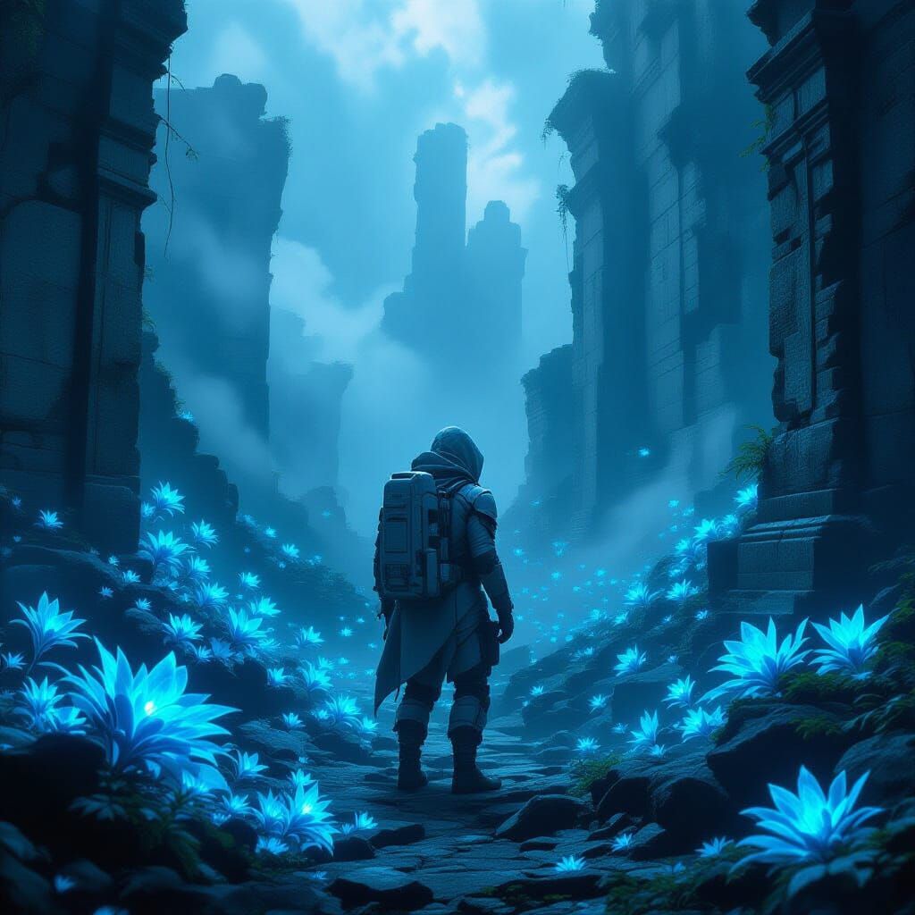 Lone Explorer in Ancient Ruins with Bioluminescent Flora