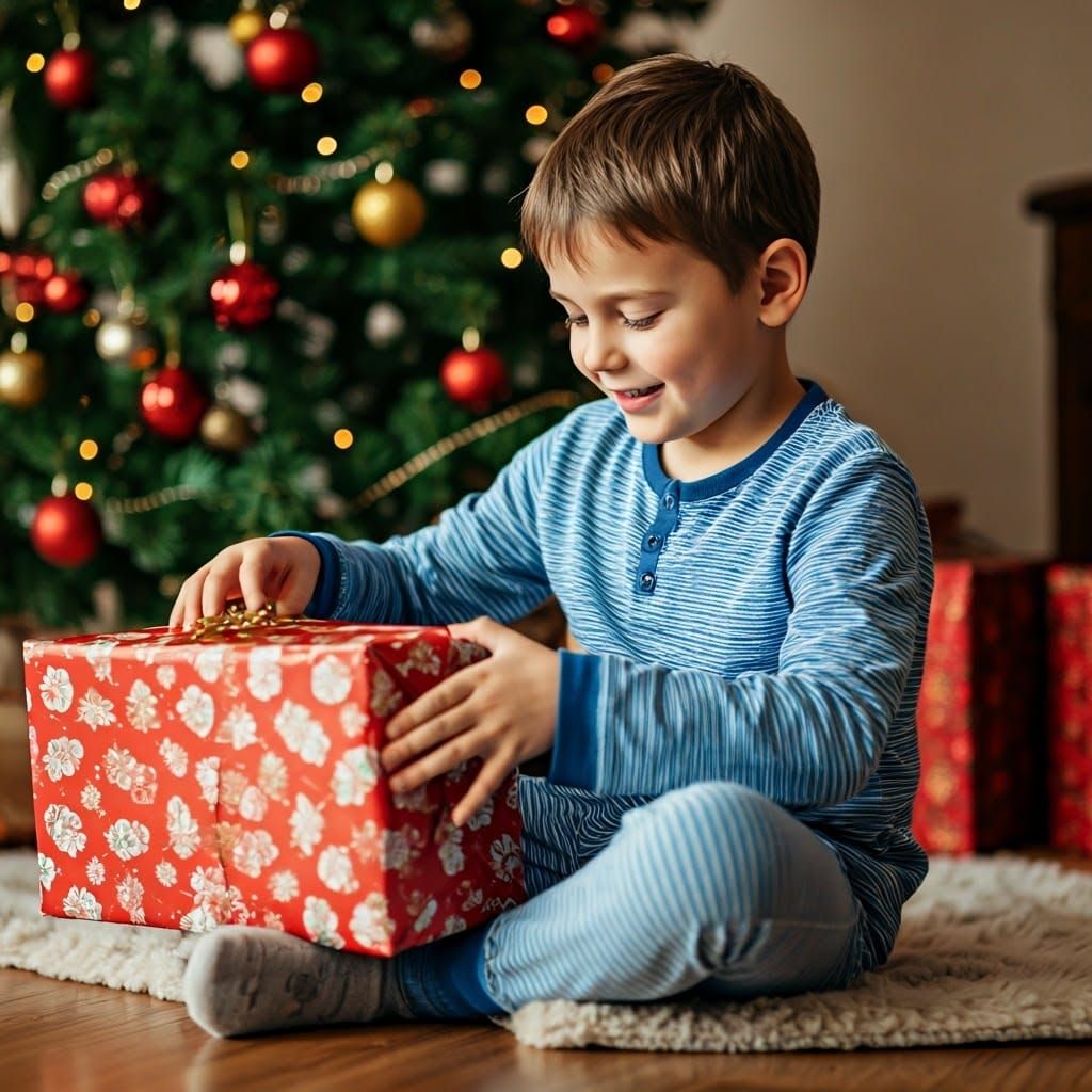 Boy Joyfully Opens Christmas Present