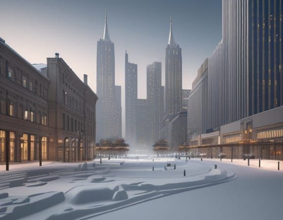 Winter City Center Portrait in Art Deco Style