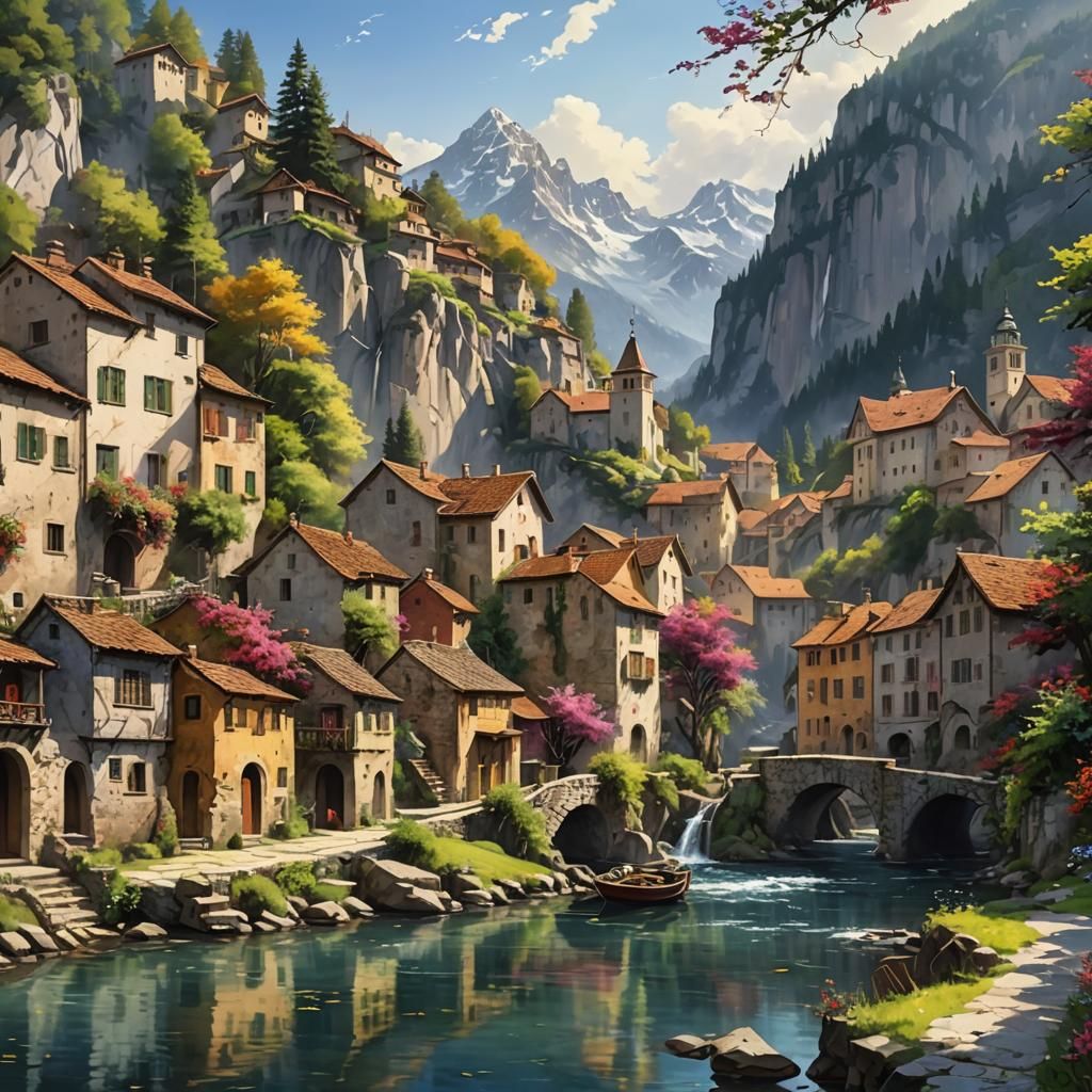 Scenic Alps Painting of Mountain Landscape