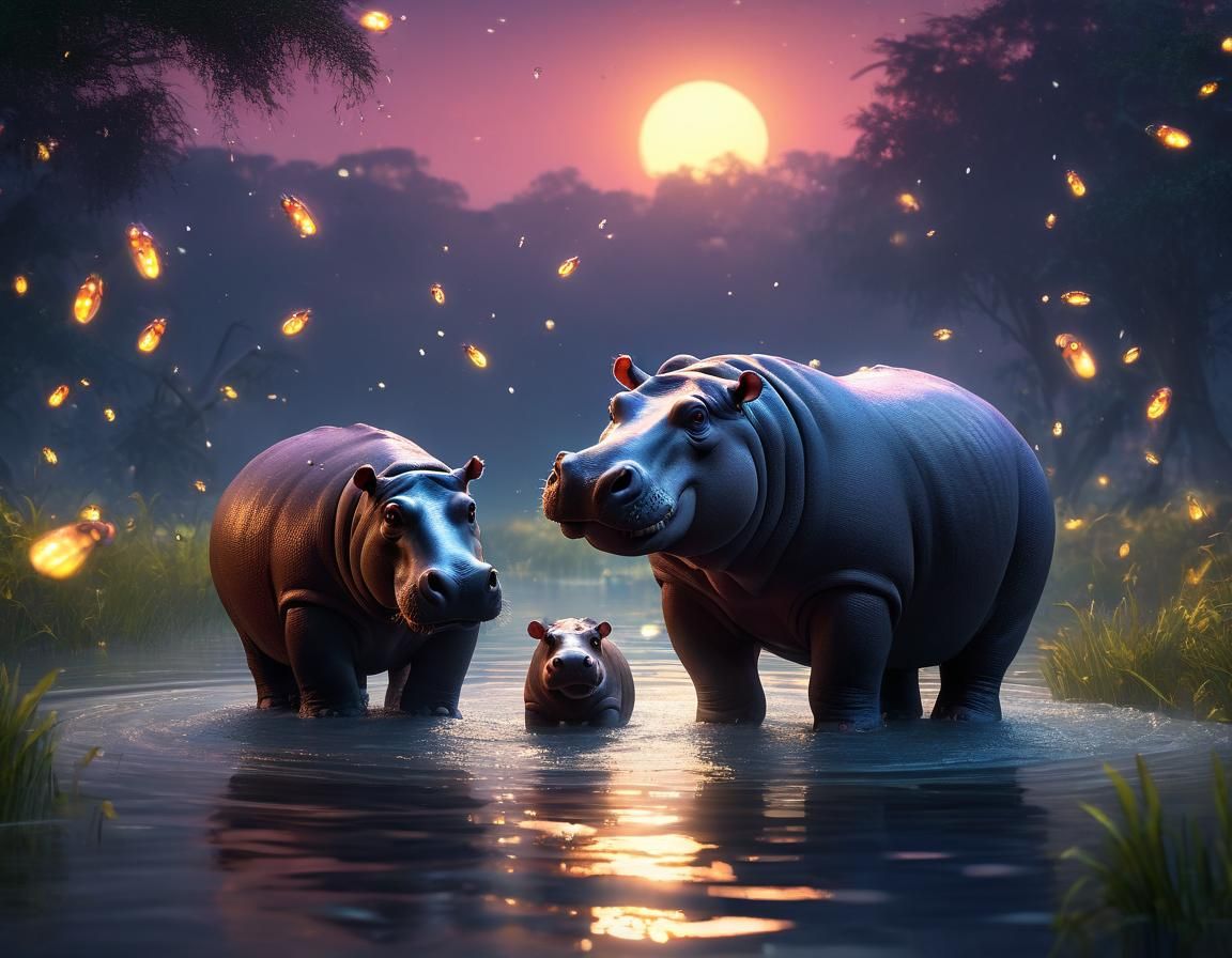 Happy Hippo Family at Sunset, 3D Digital Art