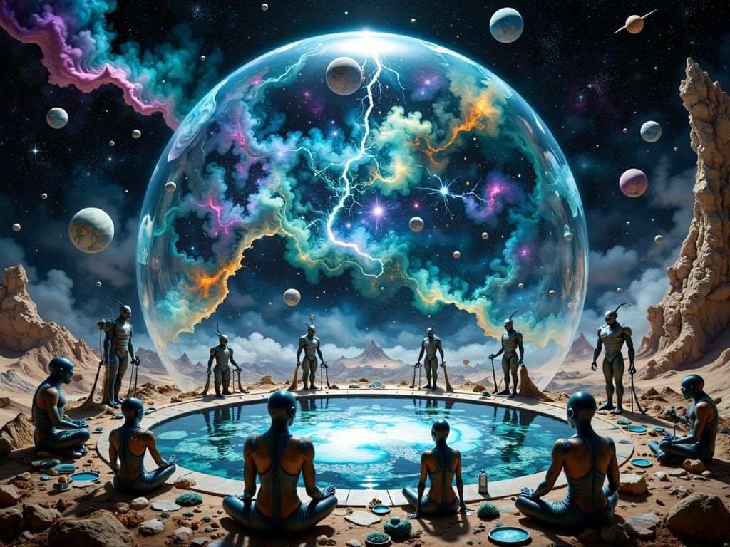 Alien Summit in Space Dome, Surreal Sci-Fi Art