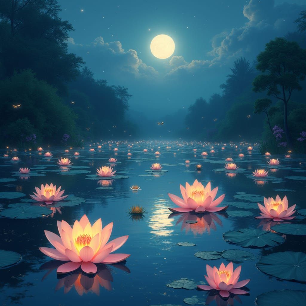 Ethereal Moonlit Lotus Blooms in Dreamy Impressionistic Styl...