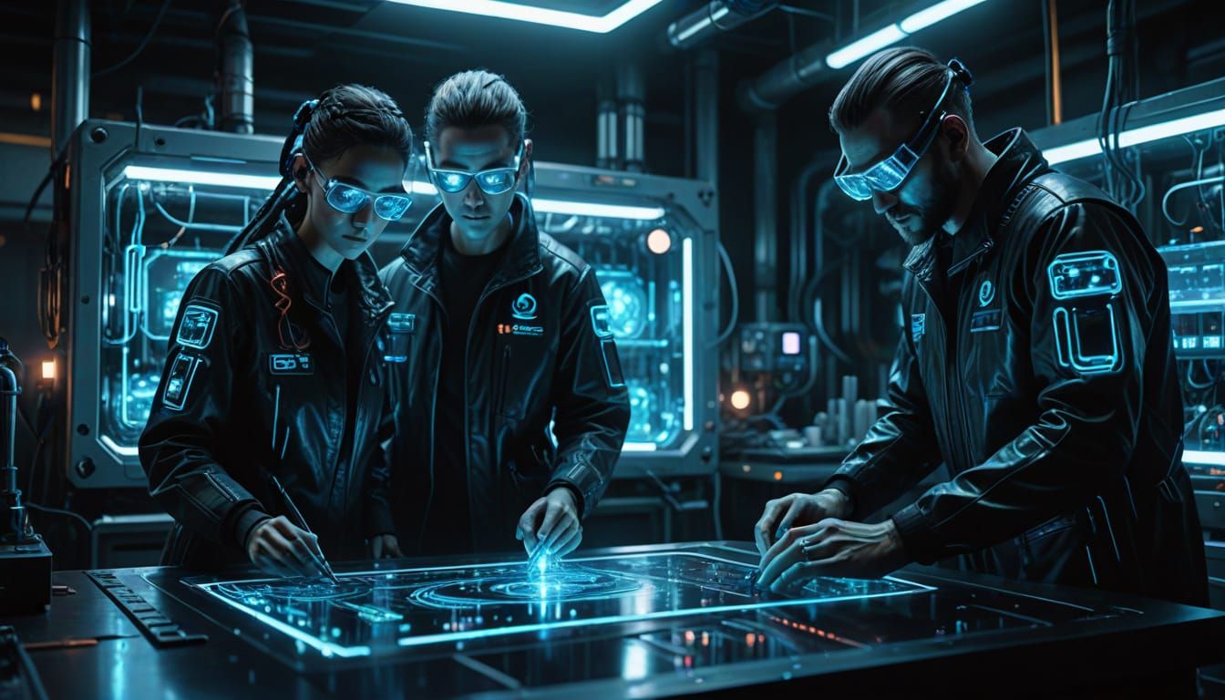 Cyberpunk Lab Scene with Scientists and Hybrid Aliens