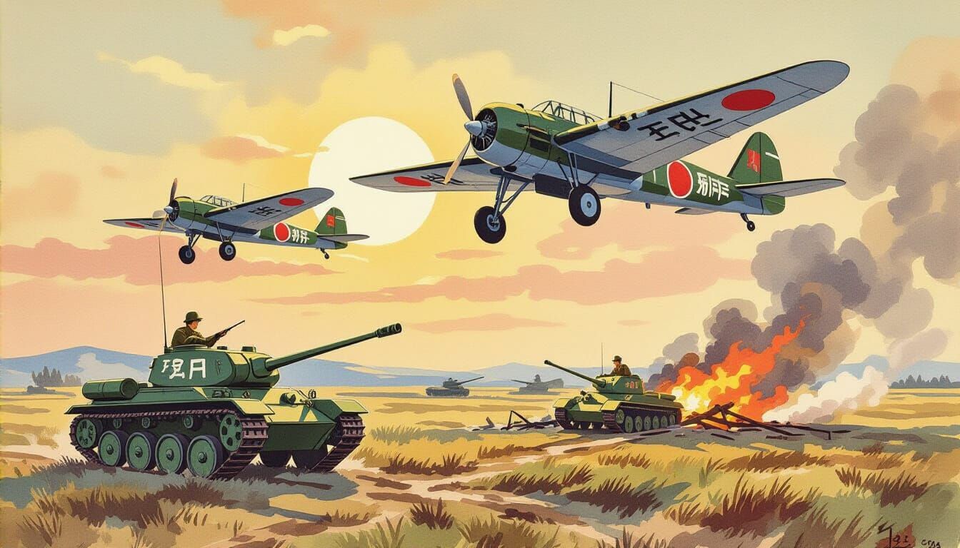 WWII Japanese Bombers in Gansai Watercolor Style