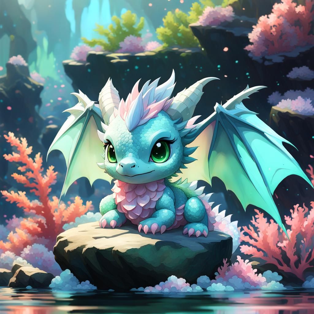 Pastel Chibi Dragon in Coral Reef