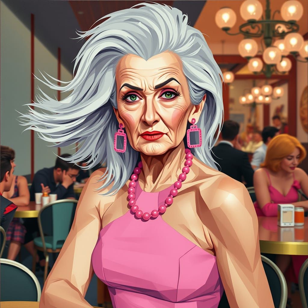 Cubist Painting of an Elderly Person in Pink