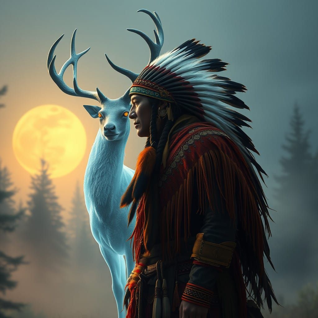 Native American Warrior with Ethereal Ghostly Deer in Misty...