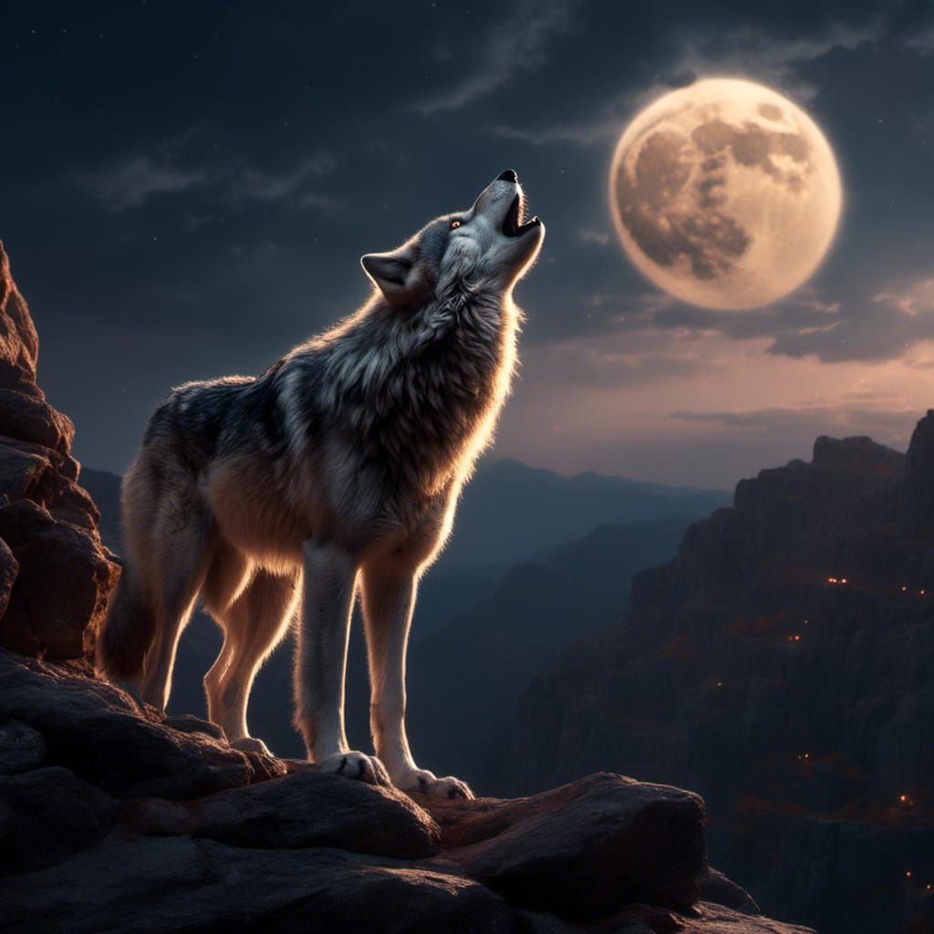 Epic Wolf Howling at the Moon in Photorealistic CGI
