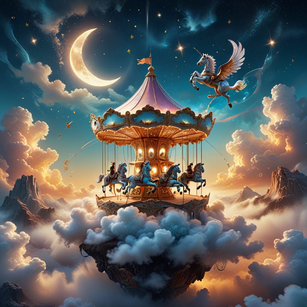 Whimsical Carousel on Cloud in Golden Light