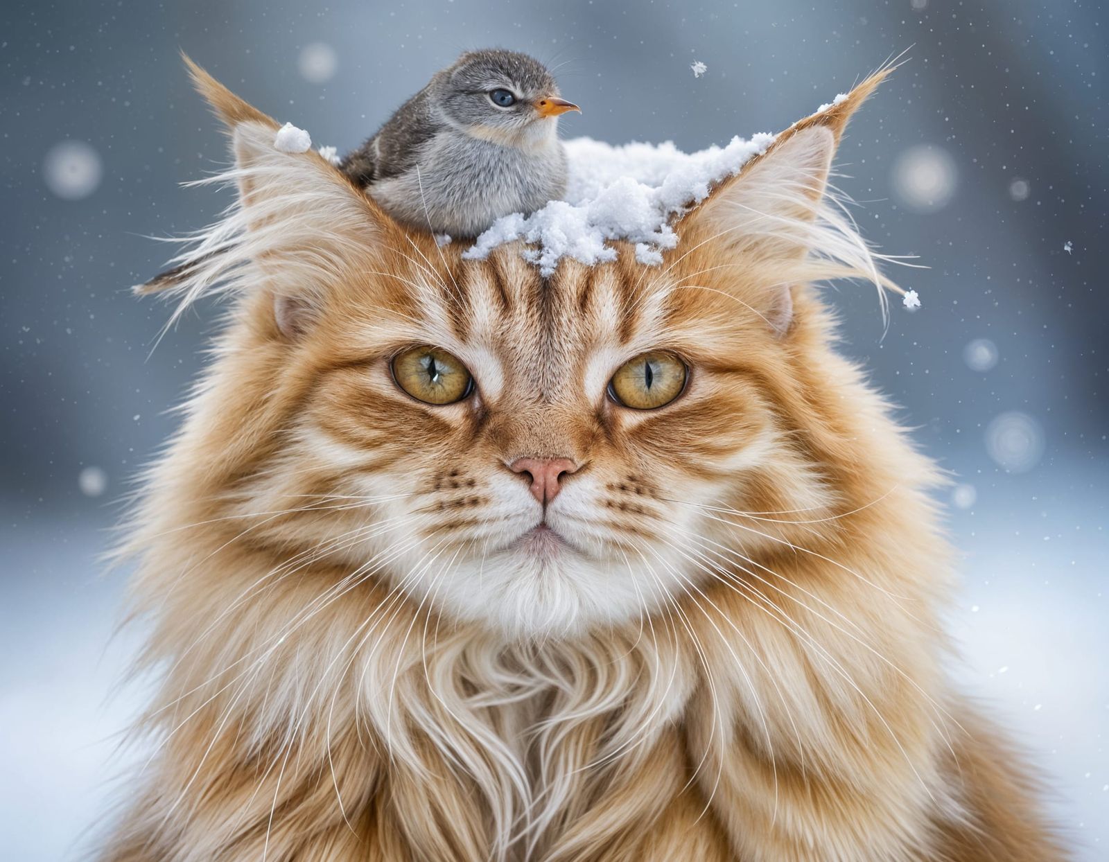 Snow-Covered Cat with Bird Perched on Head
