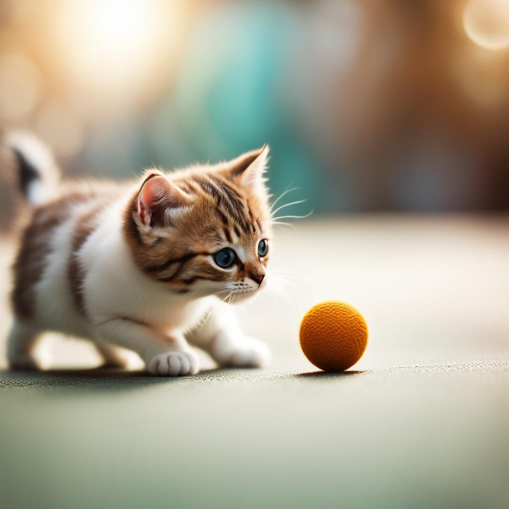 Cute Tiny Cat Playing Ball in Realistic Style