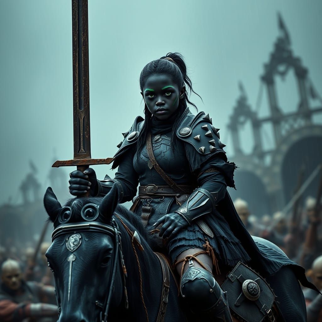 Undead Cavalry Maiden in a Stormy Battlefield