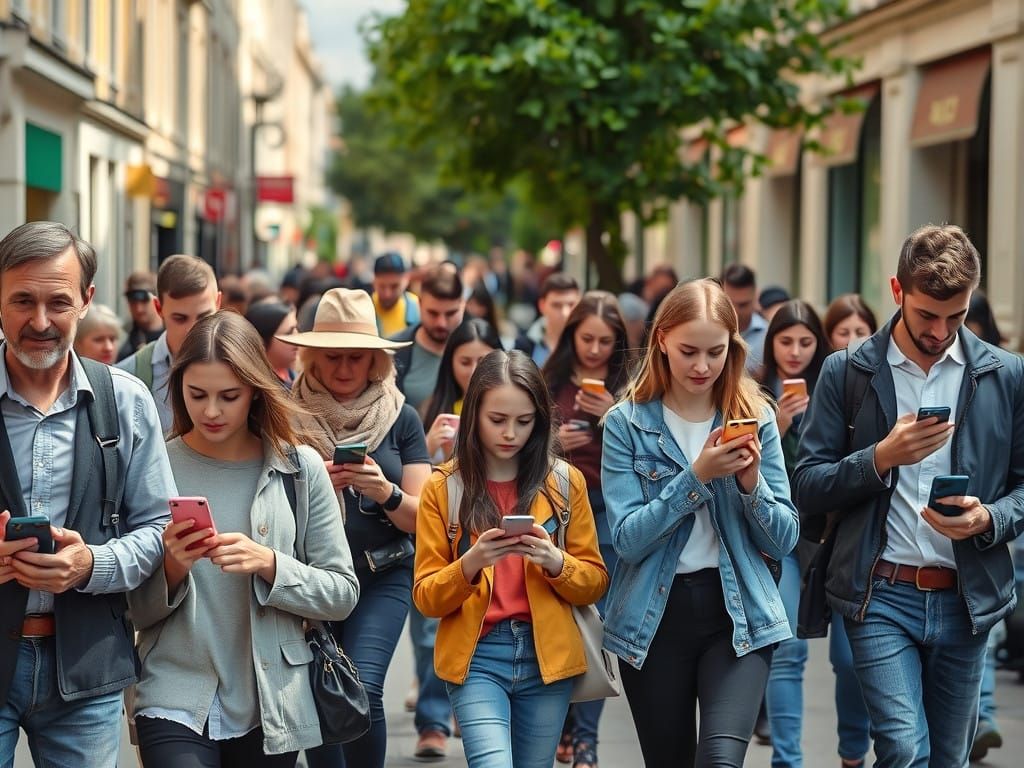 People in a City Street Obscured by Mobile Phones