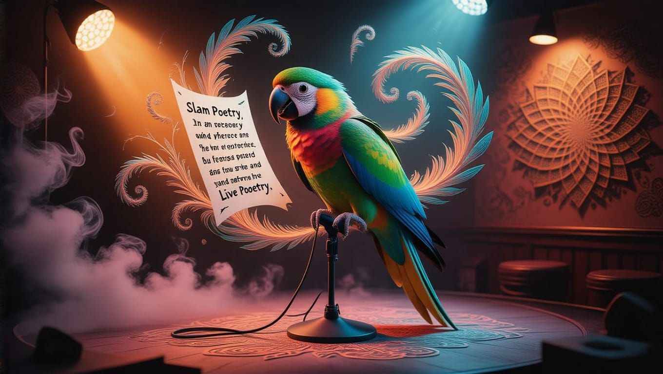 Vibrant Parrot Slam Poet in Smoky Club