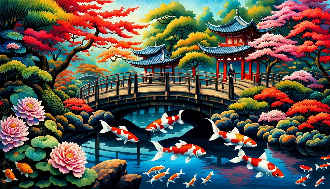 Vibrant Kabuki Performer in Koi Garden Illustration