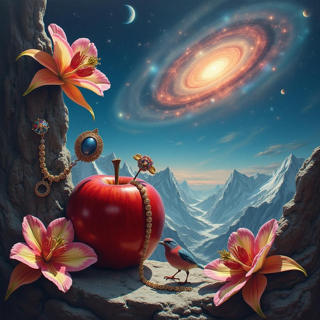 Dreamlike Apple Bird and Orchid in Surreal Universe