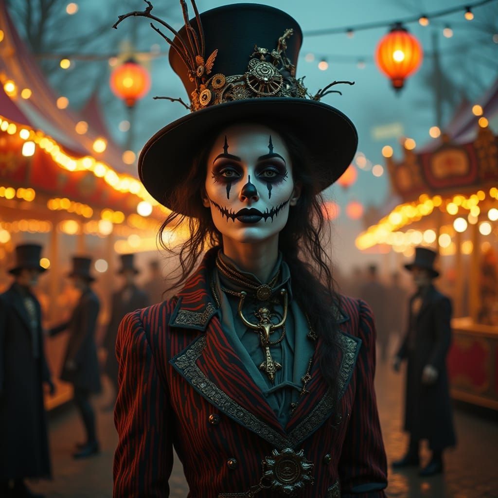 Steampunk Carnival at Night with Victorian Clown