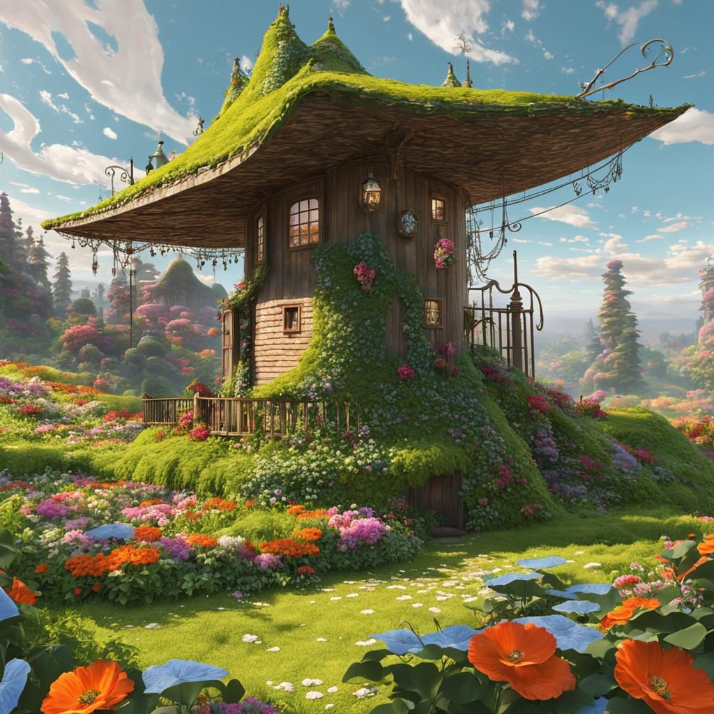 Whimsical Cottage Surrounded by Vibrant Blooming Gardens