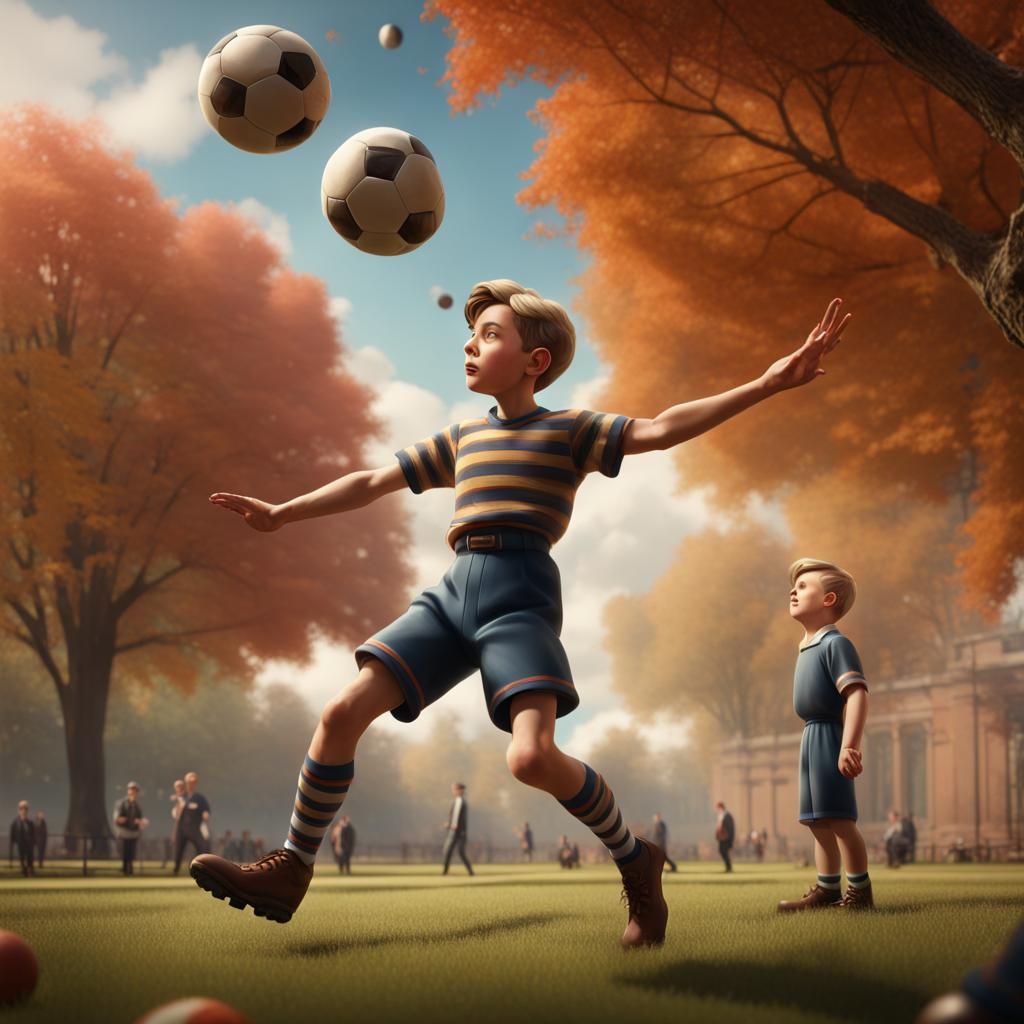 Boy Juggling Football in 1940s Park, Detailed Matte Painting