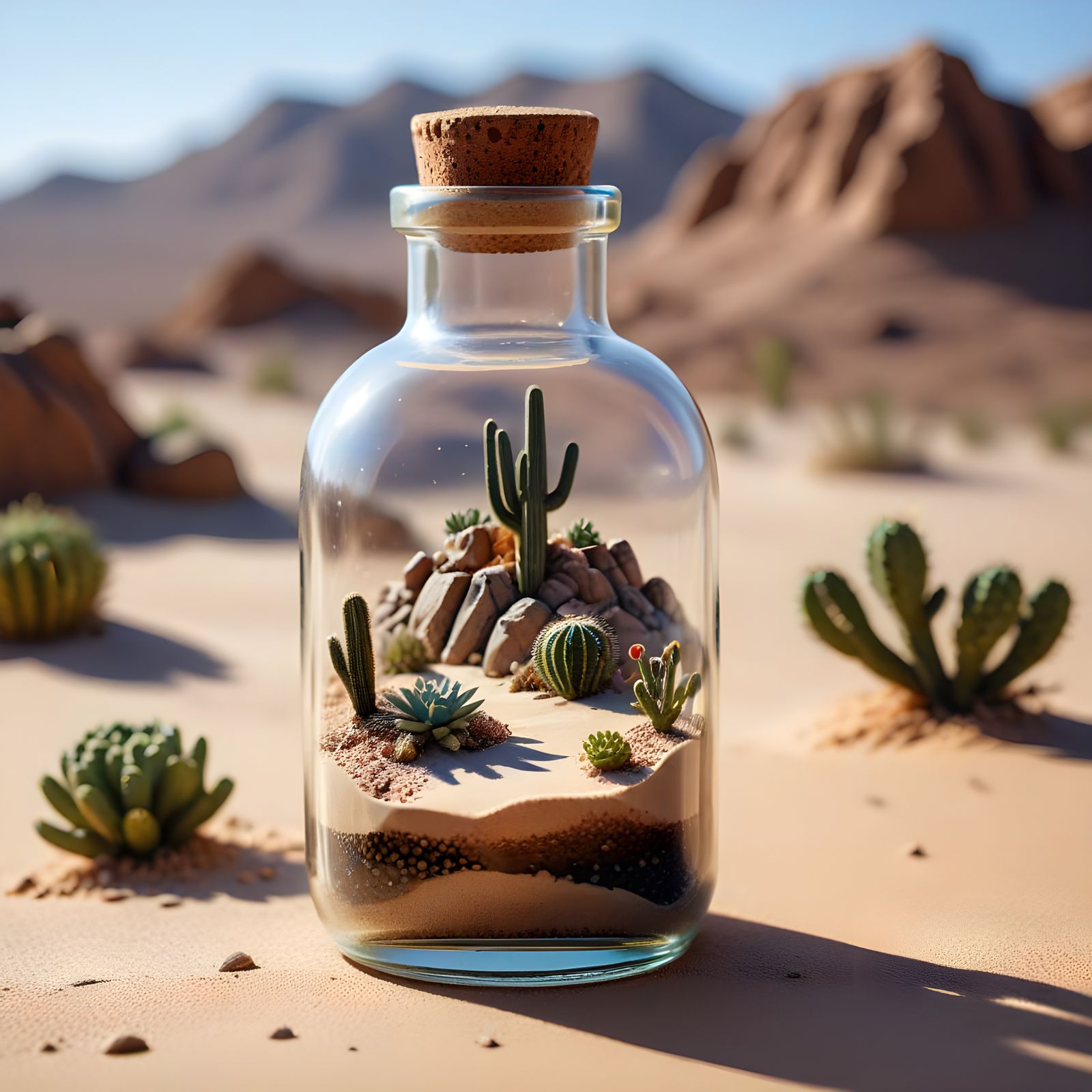 Surreal Miniature Desert Scene in a Glass Bottle