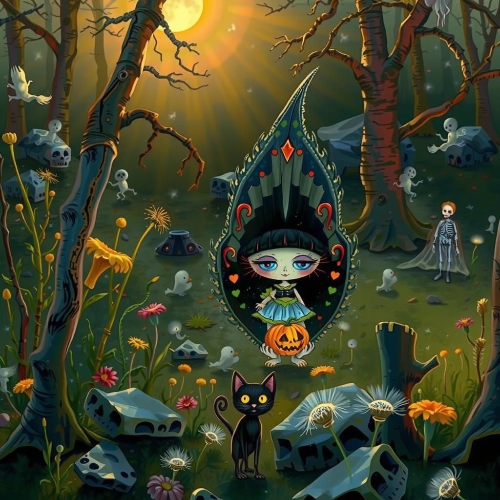 Spooky Autumnal Halloween Scene with Sugar Skull Moth