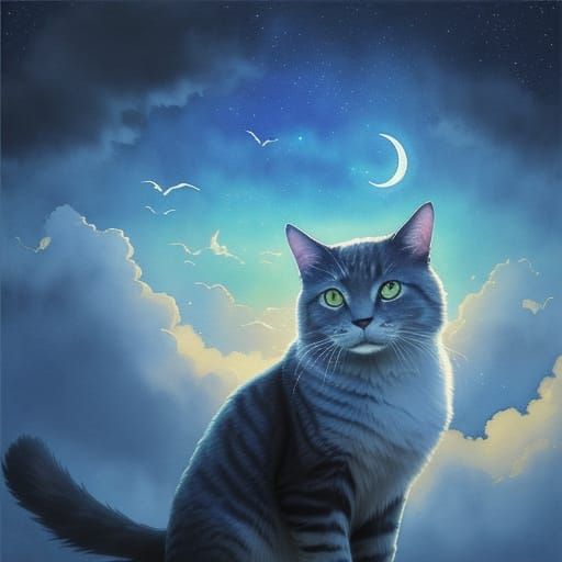 Surreal Cat in Dreamy Watercolor Sky