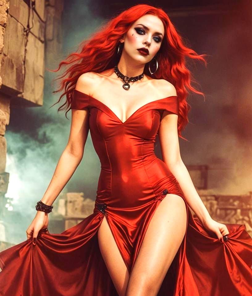 Cyber Goth Woman in Red Dress: Cinematic Still