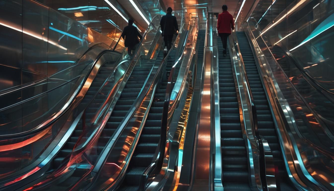 Person Walks Up Downward Escalator in Dystopian City