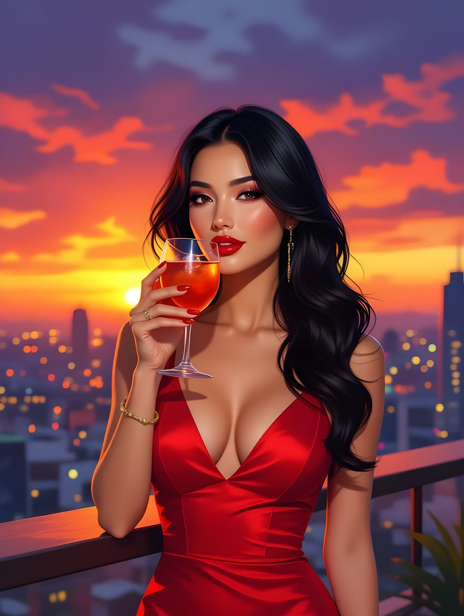 Expressionist Woman at Sunset Rooftop Bar