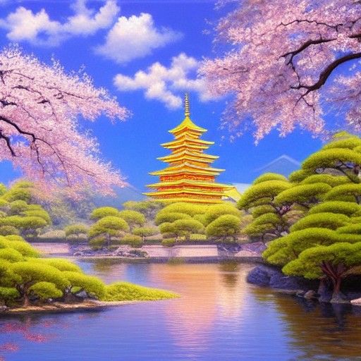 Sakura Tree and Temple in Japan, Oil Painting