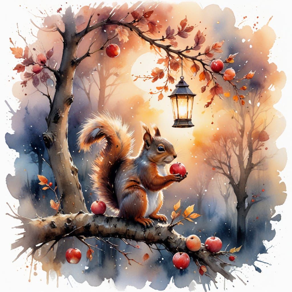 Whimsical Squirrel in Twilight Orchard: Watercolor Art