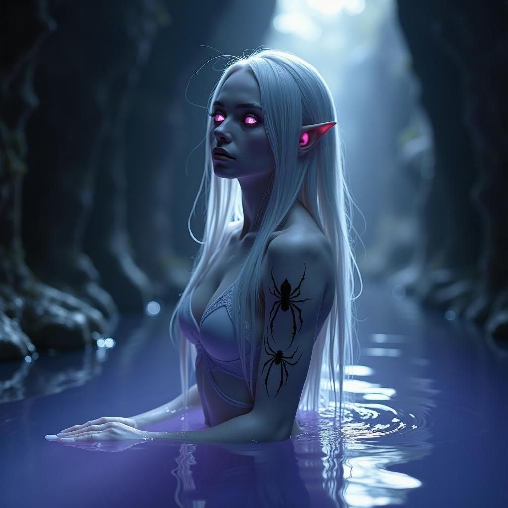 Drow in Underdark Pond, Biomechanical Art Style