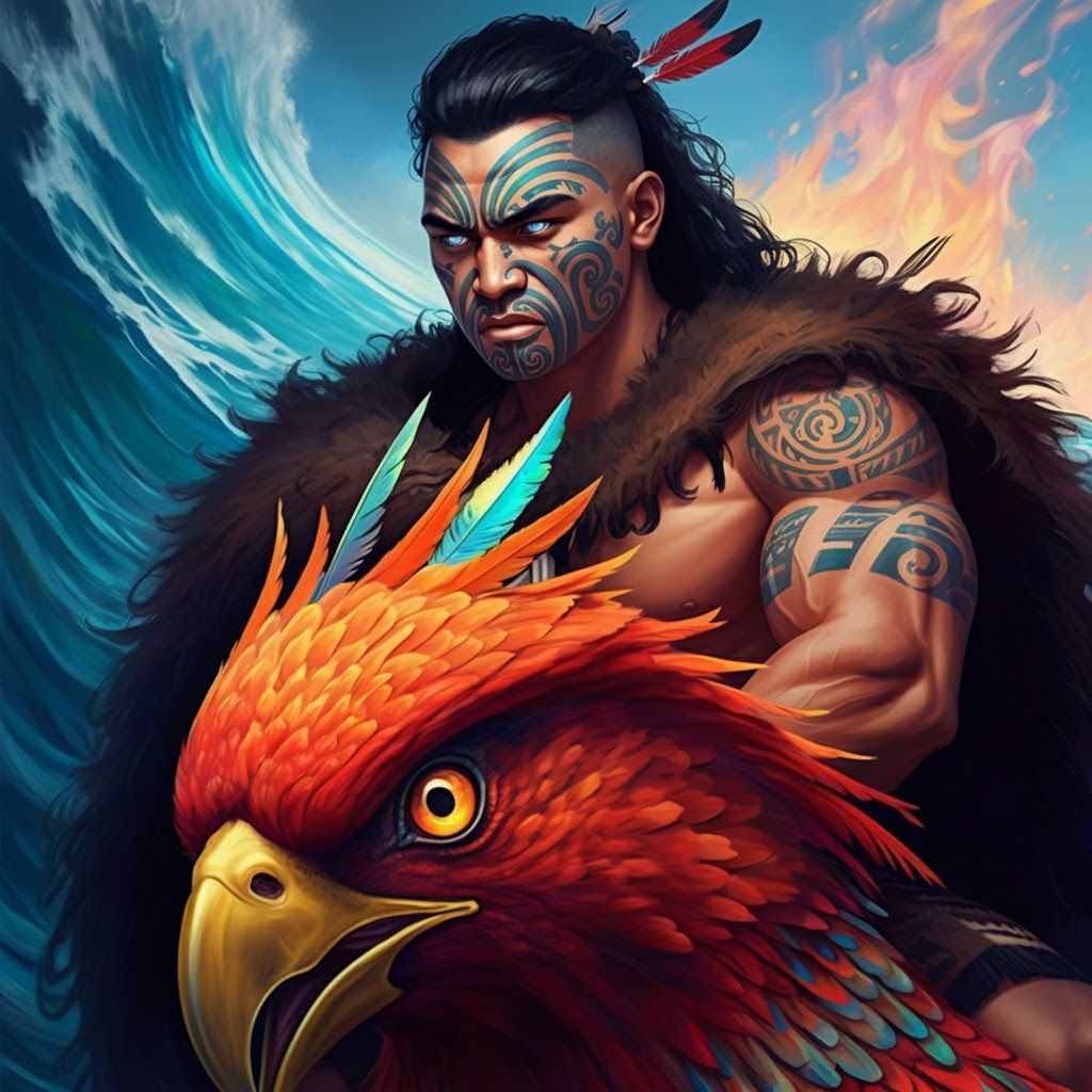 Maori Man Riding Phoenix in Digital Painting