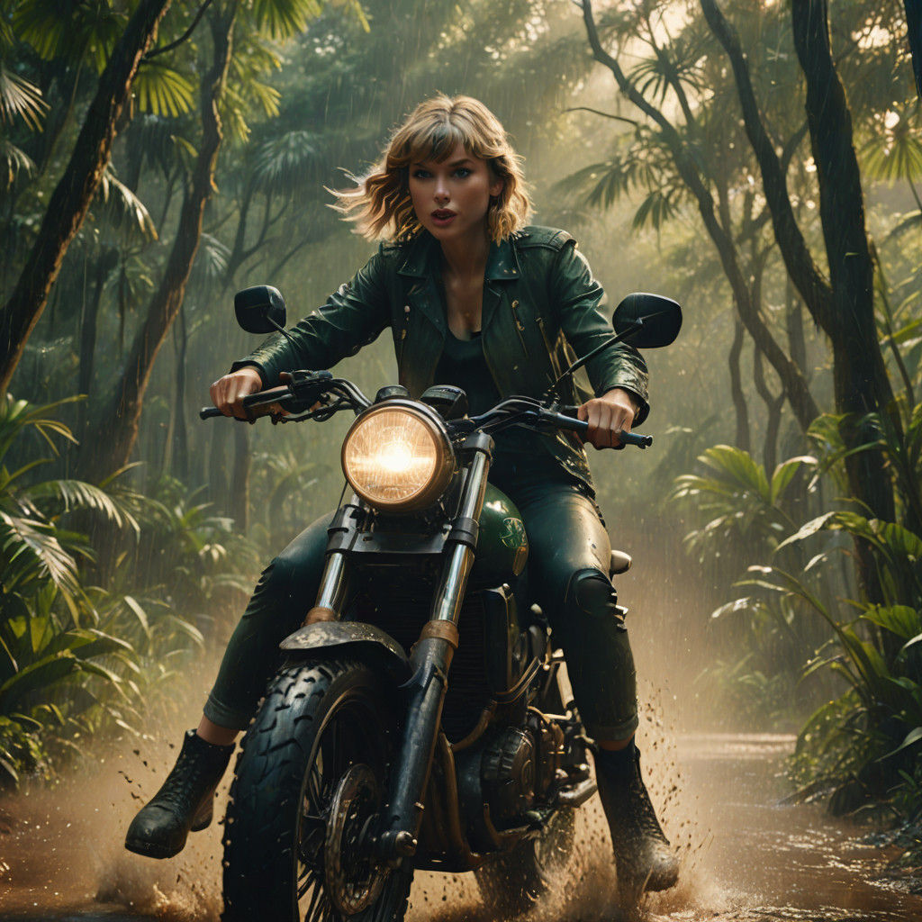 Taylor Swift Riding a Motorbike in a Jungle Jungle at Golden...