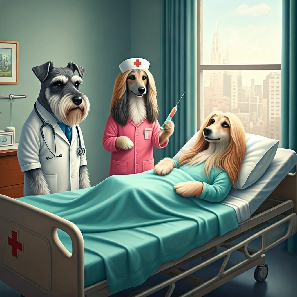 Dogs in White Coats: Whimsical Hospital Scene