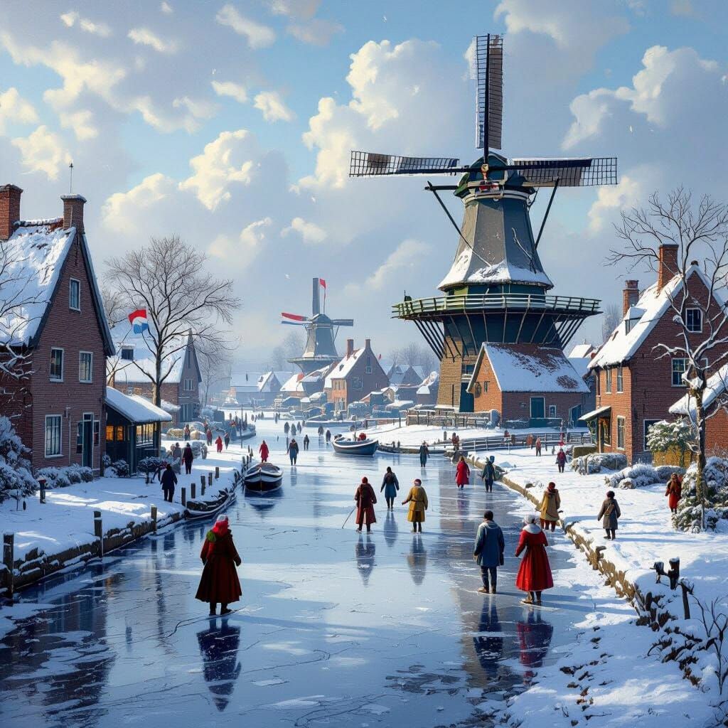 Winter Dutch Village Scene in Oil Painting Style