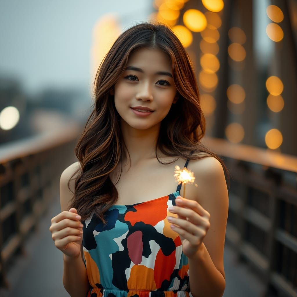 Serene Japanese Woman with Sparkler and Bokeh Lights