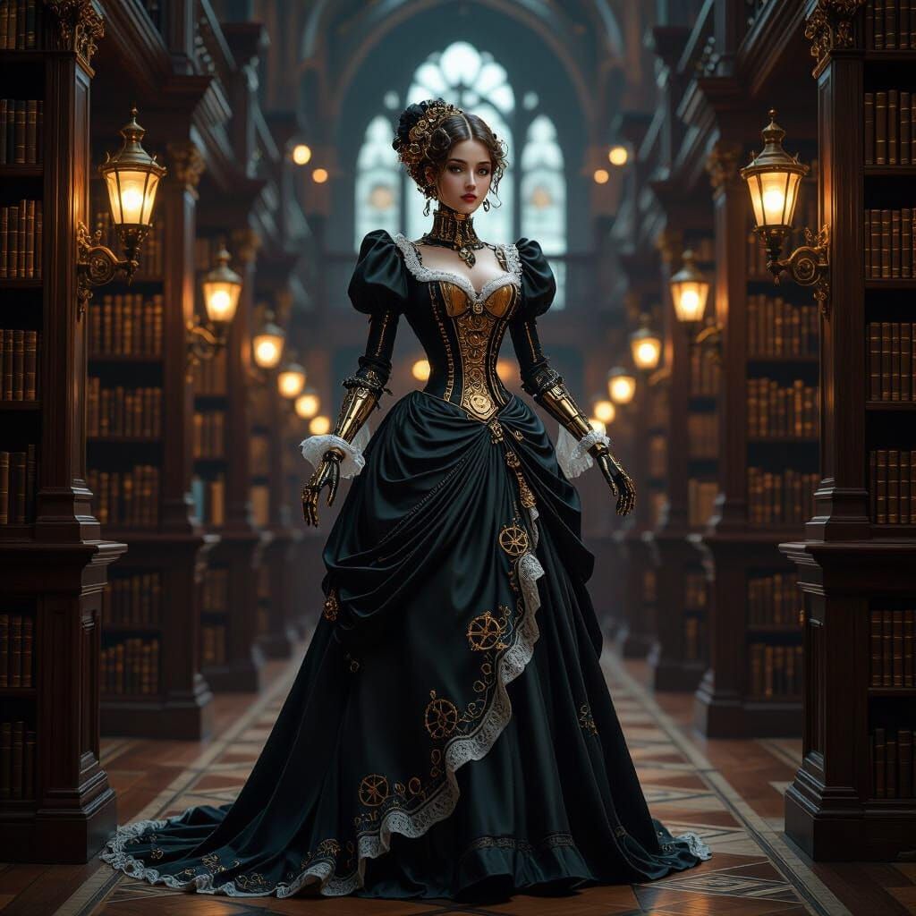 Steampunk Automaton in Gothic Library
